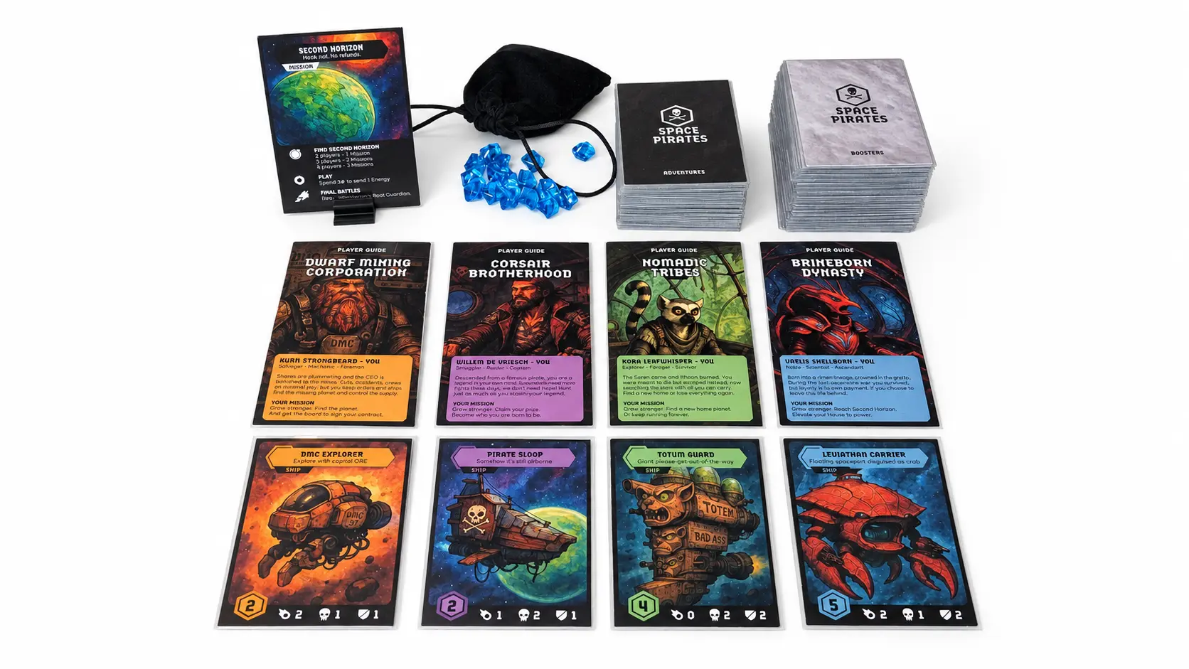 Space Pirates cards, player guides, energy crystals and card decks laid out on a white table