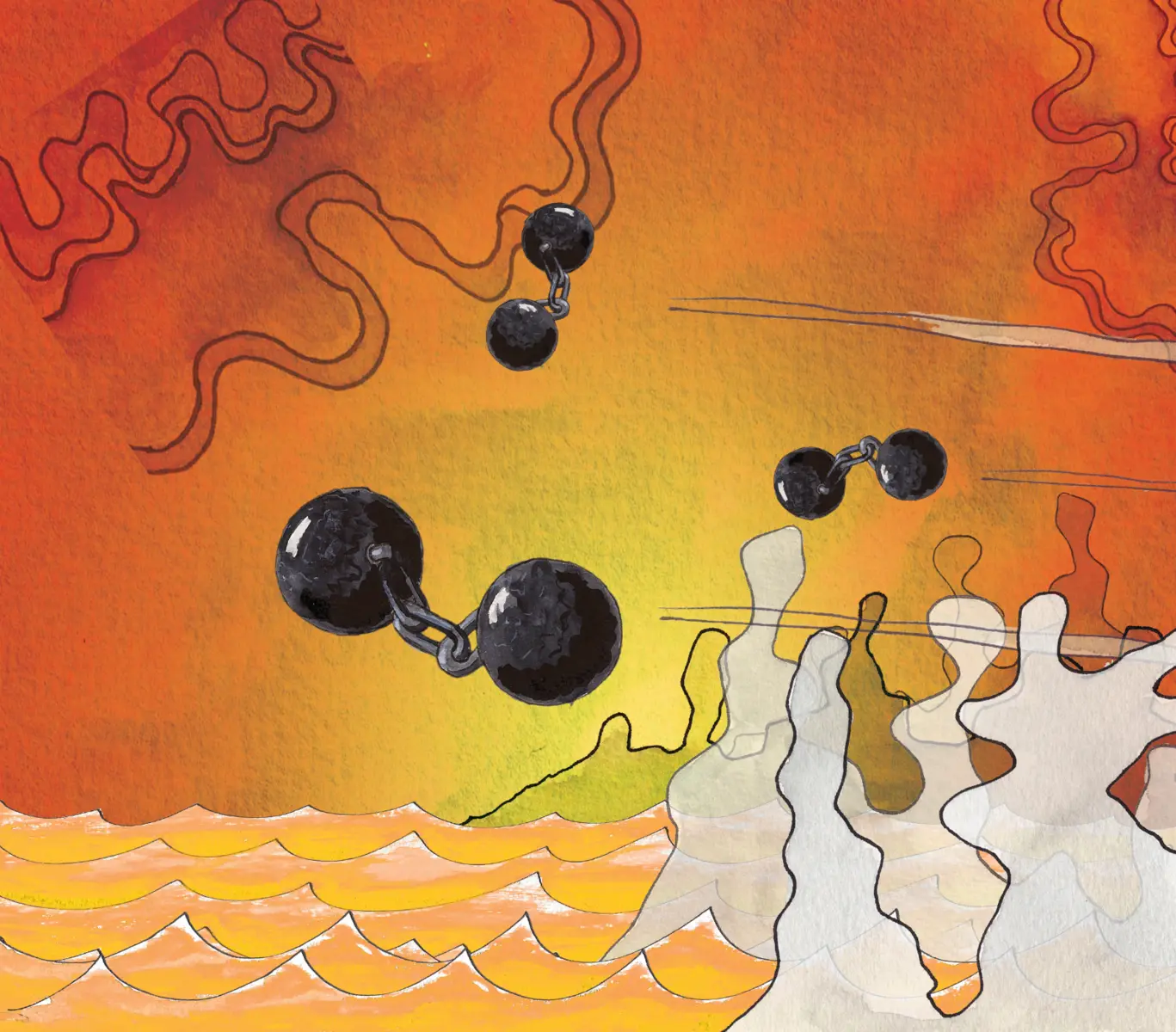 Cannonballs flying over an orange sea