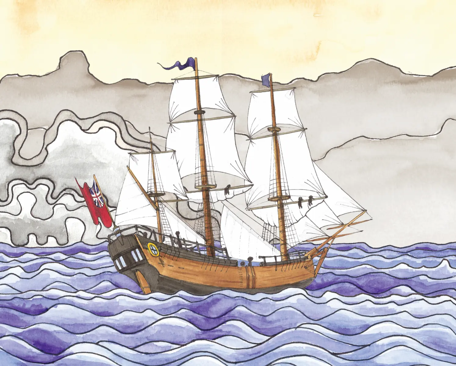 Sailing ship crossing a hand-painted ocean